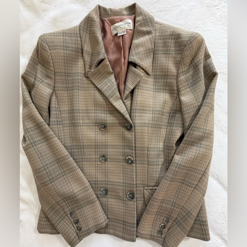 Liz Claiborne Blazer Wool double breasted beige gray plaid size 8 - Picture 5 of 16